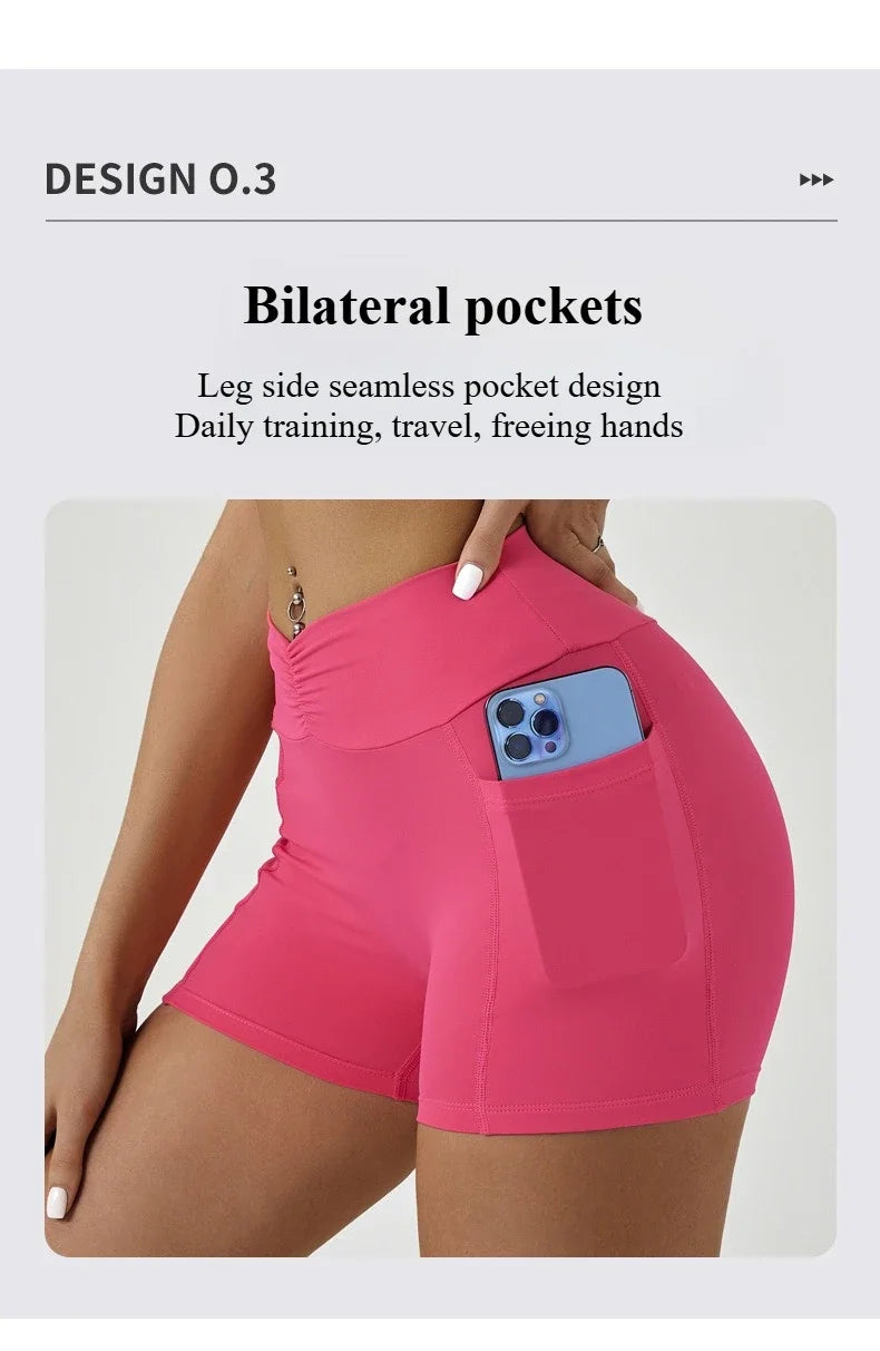 Tight Fitting Hip Yoga Shorts Pockets Women High Waisted Fitness Outdoor Leggings Scrunch Lifting Yoga Biker Shorts