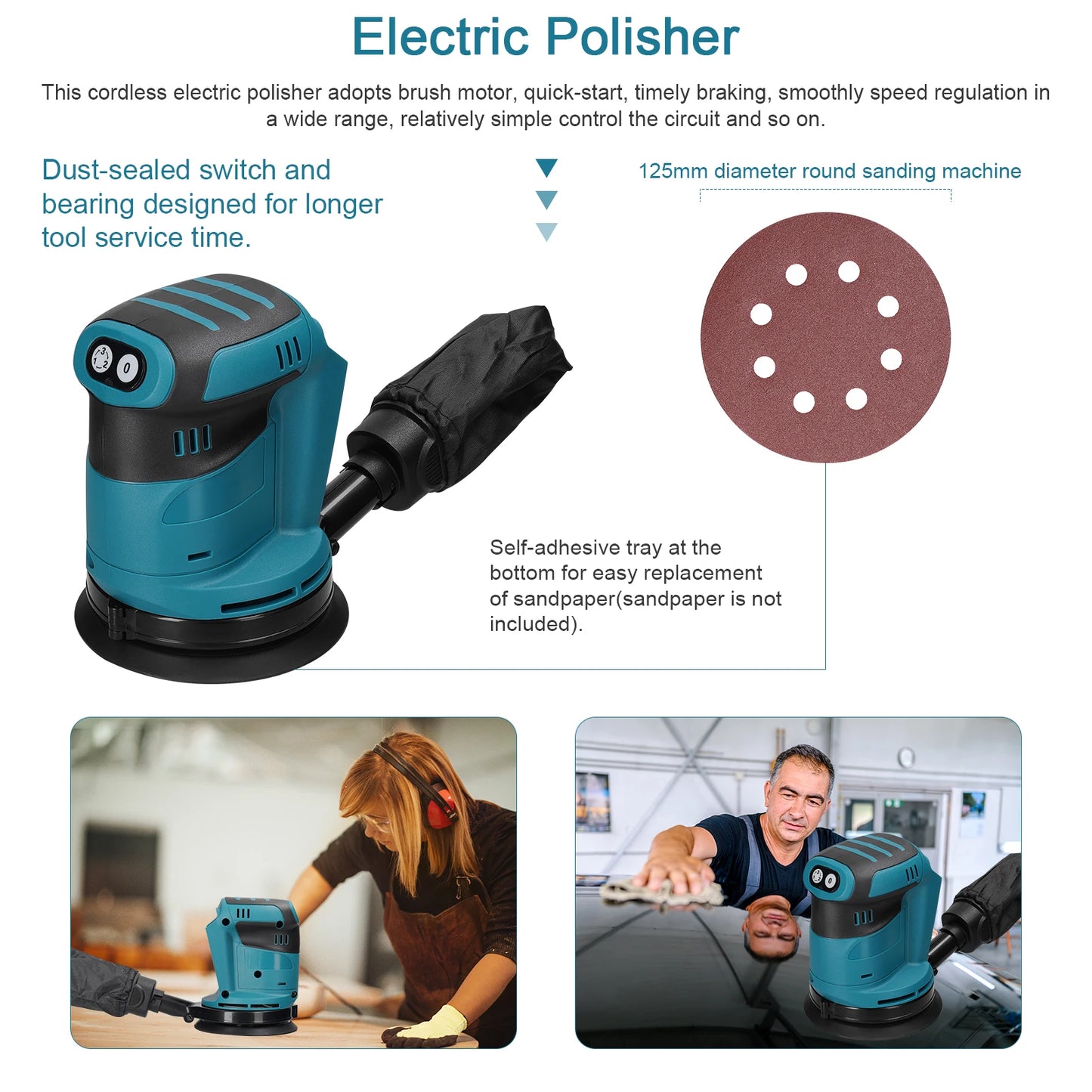 125mm Brush Motor Cordless Orbital Sander Wood Grinder Electric Polisher Waxing Grinding Sanding Machine for Makita 18V Battery