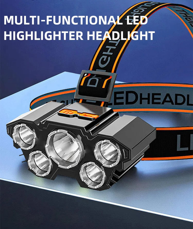5 LED Headlamp Rechargeable with Built in 18650 Battery Strong Light Headlight Camping Adventure Fishing Head Light Flashlight