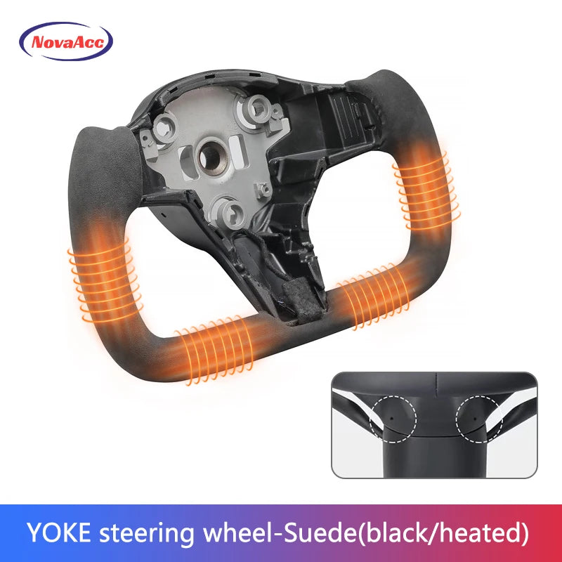 NovaAcc Yoke Steering Wheel For Tesla Model Y 3 2017 2018 2019 2020 2021 2022 2023 Heating Black Nappa Suede Car Accessories