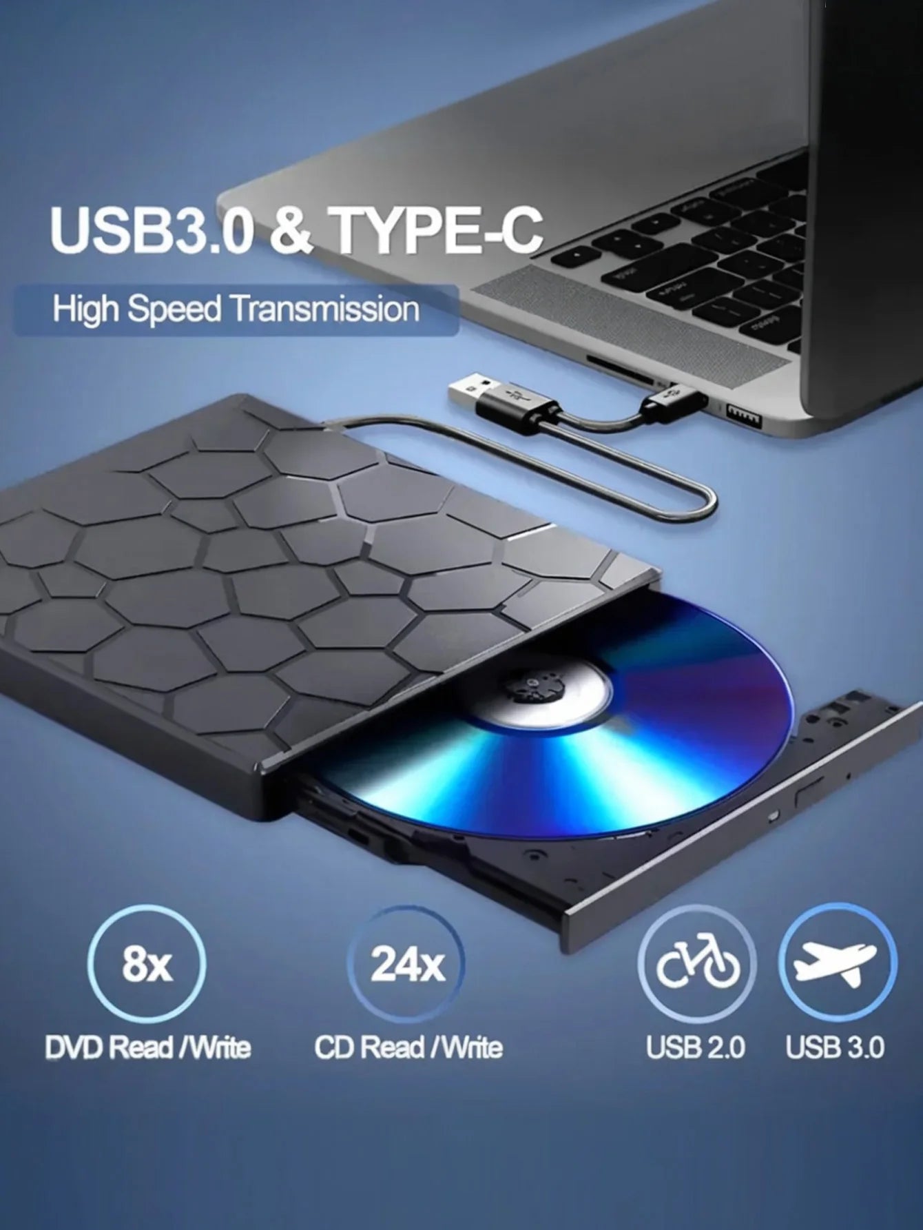 Laptop external CD/DVD drive, 8-in-1 USB 3.0 ultra-thin portable, player and burner CD/VCD/DVD