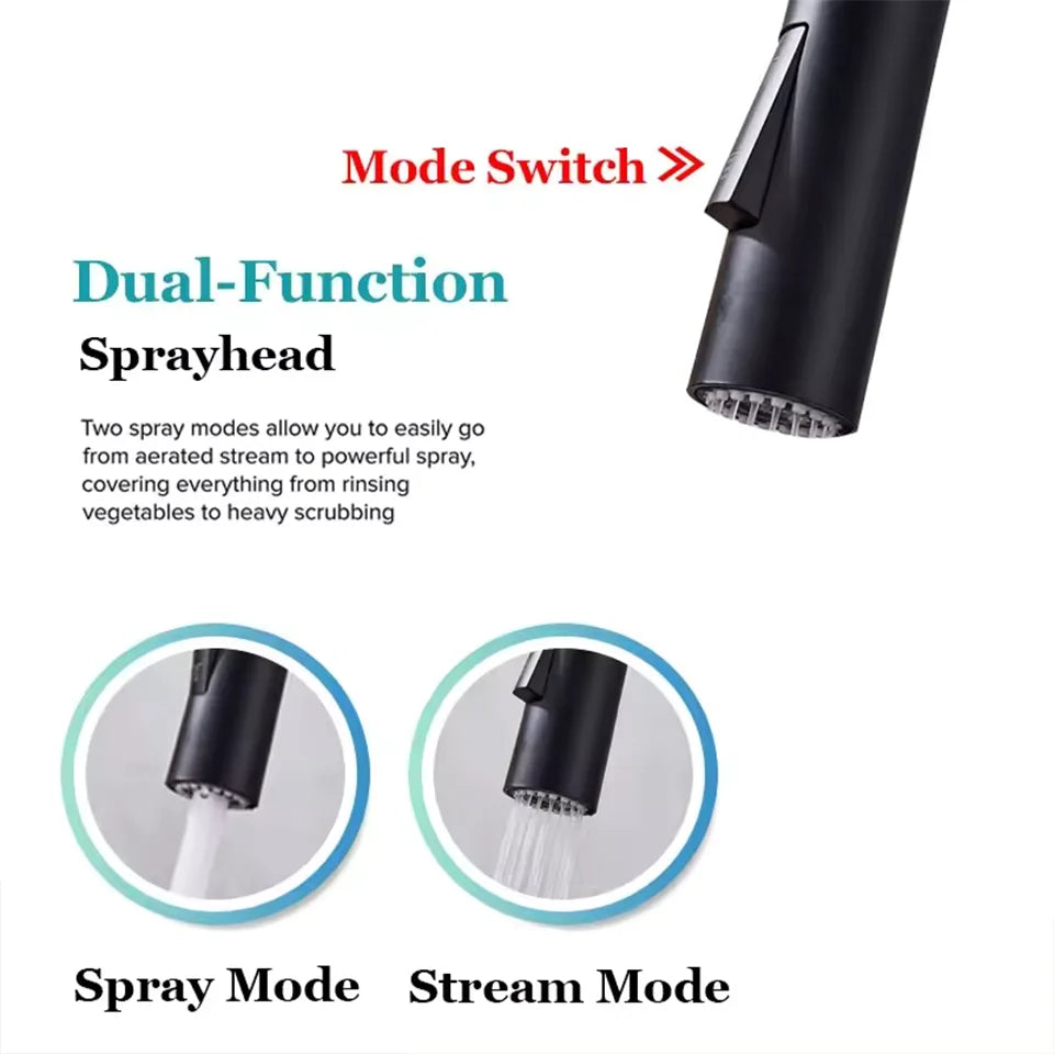 A Kitchen Stainless Steel Pull-out Cold and Hot Water Mixing Faucet with a 3-function Pull-out Nozzle