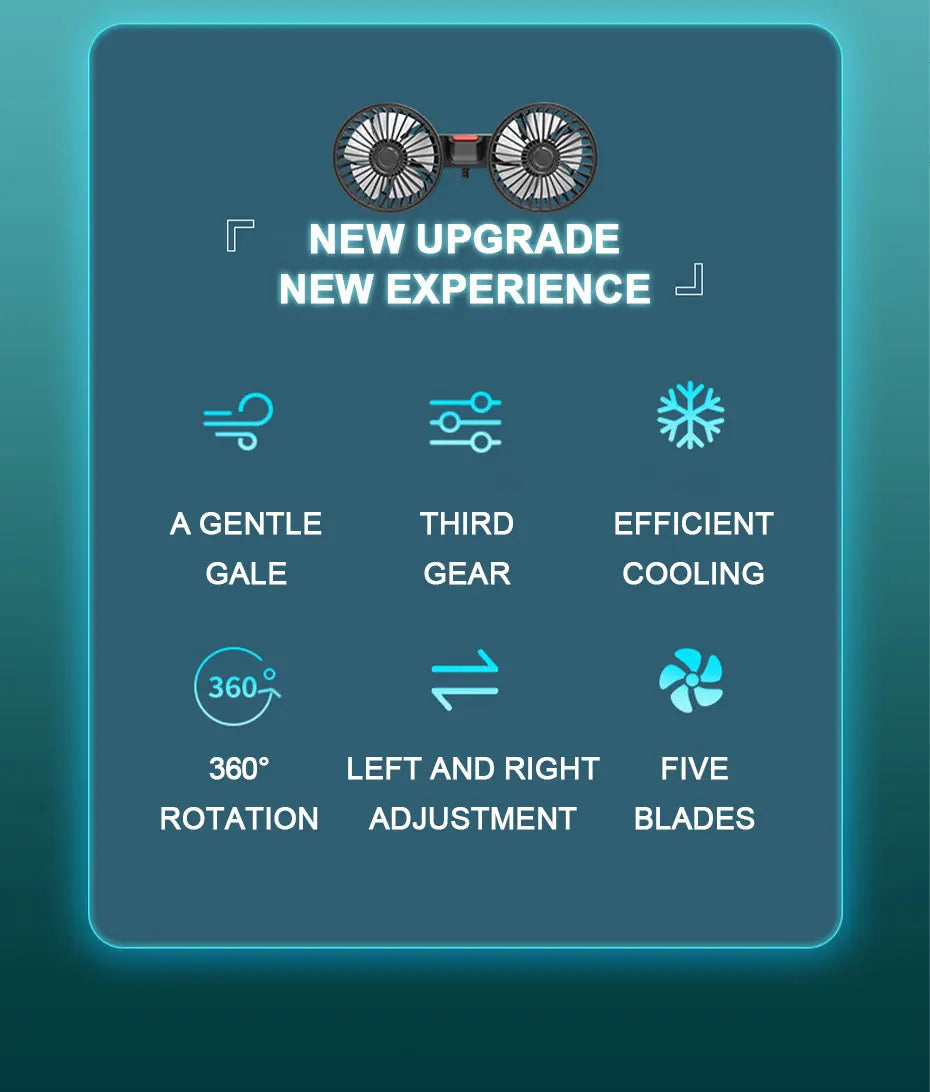SEAMETAL 3-speed Car Seat Back Cooling Fan USB Charge Dual Head Fan 360 Degree Rotation Neck Cooler for Summer Car Accessories
