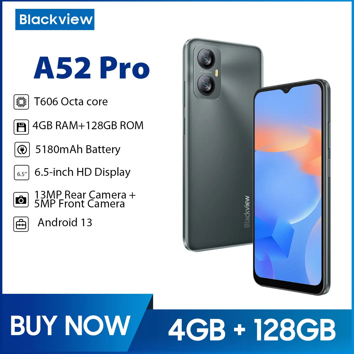 Blackview A52 Pro Smartphone 6.5 Inch Cellphone 4GB 128GB Octa Core An