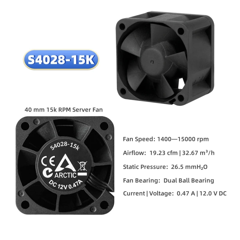 ARCTIC S4028 40x40x28mm Server Fan Double Ball Bearing 6000-15000 RPM 4-Pin 12V DC Black for Computer Hardware Cooling