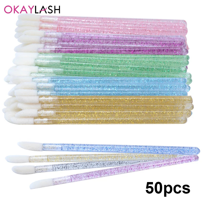 Okaylash Disposable Glitter Lip Gloss Brush Eyelash Extension Cleaning Brushes Crystal Lipstick Applicators Cleaner Makeup Tools