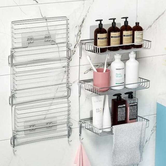 Metallic Hanging Bathroom Organizer, No Drilling, Shower Shelf for Hanging, Stainless Steel Shower Basket, Shower Rail with 3-Tier Basket, Foldable and Removable