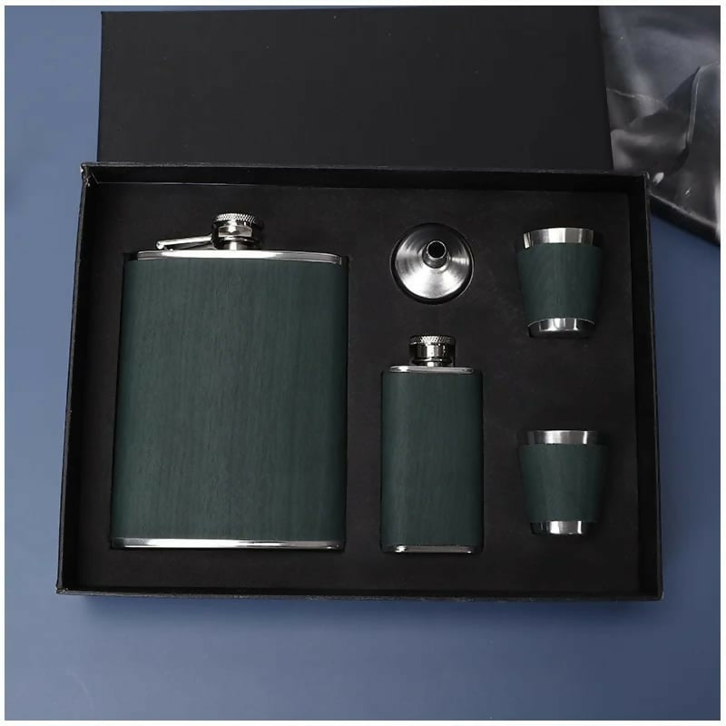 Black leather-covered whiskey flasks gift set