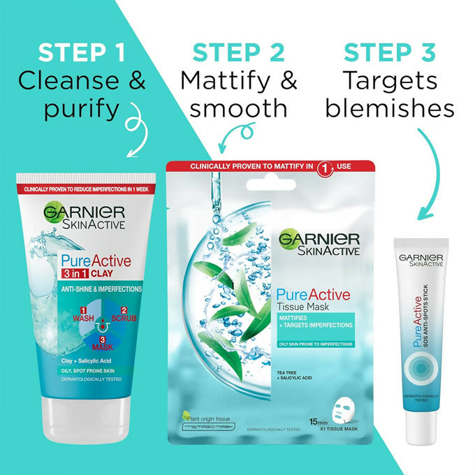 Garnier Pure Active Cleanser 3 in 1 Wash, Scrub, Mask -150 ml