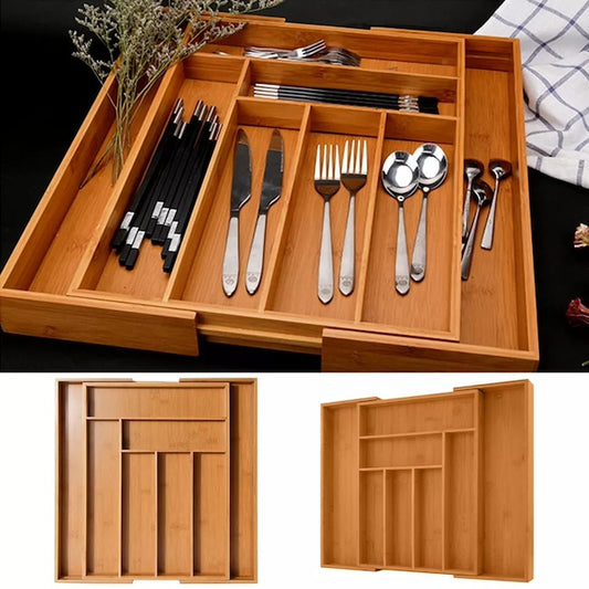 Multifunctional Bamboo Drawer Organizer, Extendable Bamboo Cutlery Tray, Adjustable Compartments Utensil Holder