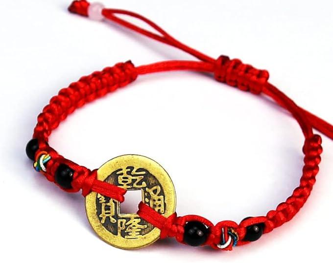 Chinese Feng Shui Wealth Lucky Copper Coin Red String Bracelet