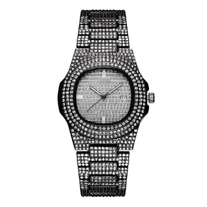 Half Iced-Out, Half Studded Black Men Watch Diamond-Shaped Crystals + Date, Luxury Men Watch Fashion Diamond Automatic Date Quartz Watch