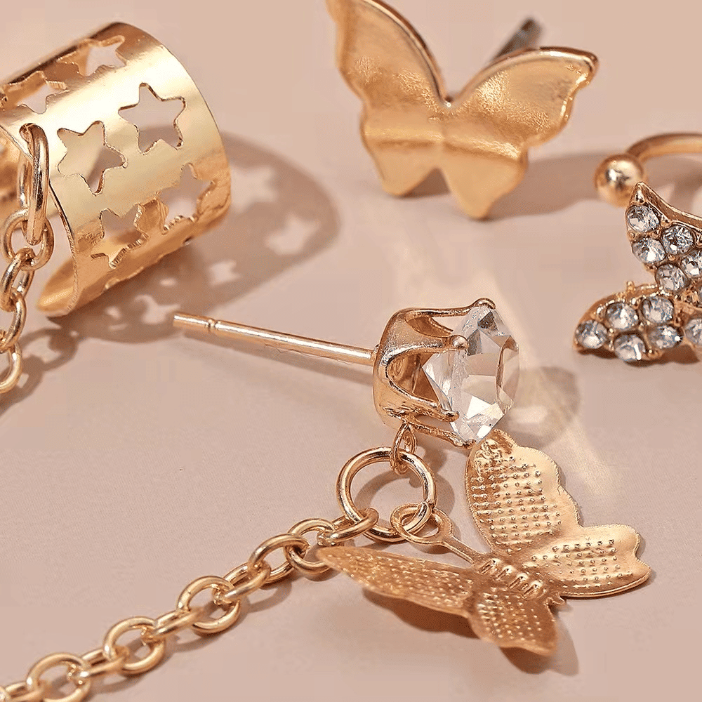 WOW Gold Electroplated Butterfly Tassel Ear Cuff Set for Women (5-Piece)