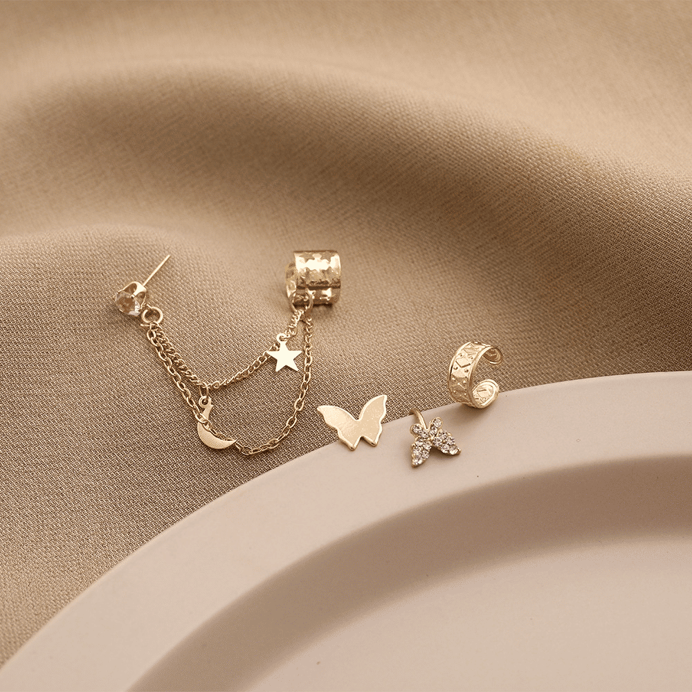 WOW Gold Electroplated Butterfly Tassel Ear Cuff Set for Women (5-Piece)