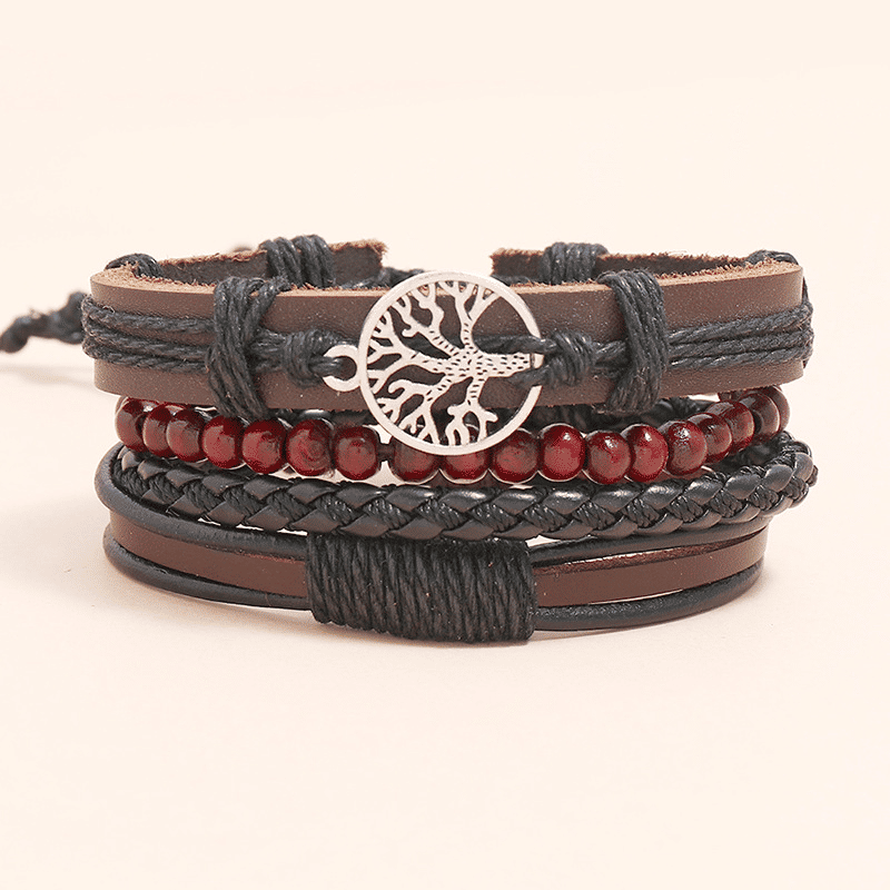 Men's 4-Piece Vintage Braided Leather Bracelet Set - Life Tree Rudder Charm Wood Beads