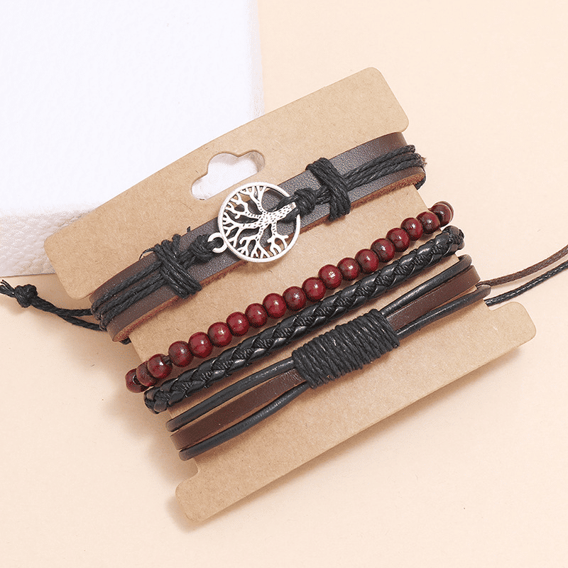 Men's 4-Piece Vintage Braided Leather Bracelet Set - Life Tree Rudder Charm Wood Beads