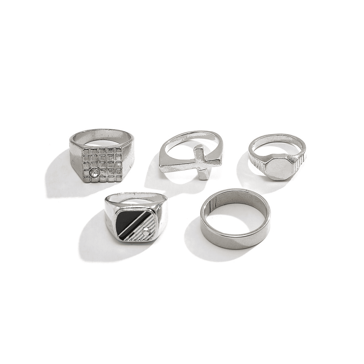 5-Piece Diamond-Studded Retro Titanium Steel Men's Ring Set, Silver Tone