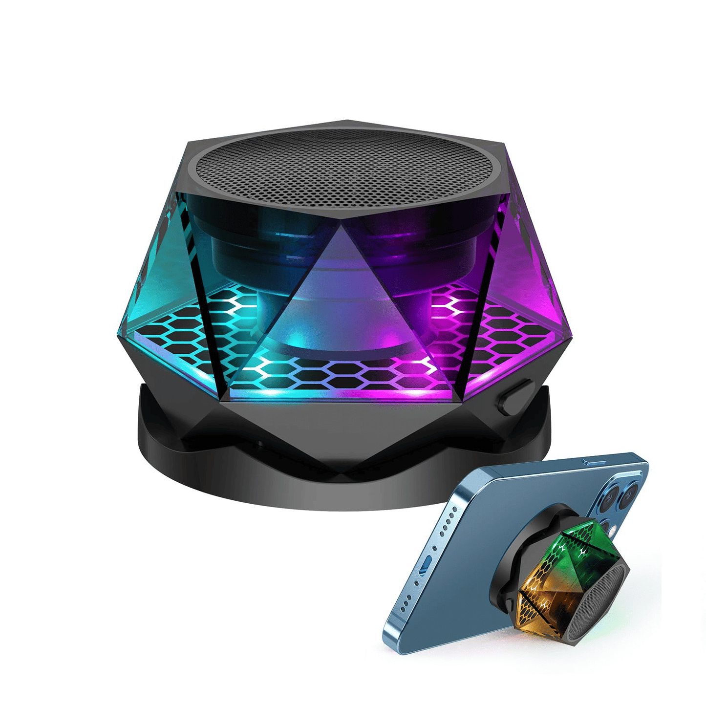 Mini Magnetic RGB Bluetooth Speaker, Diamond Design, Phone Stand, TWS Pairing
