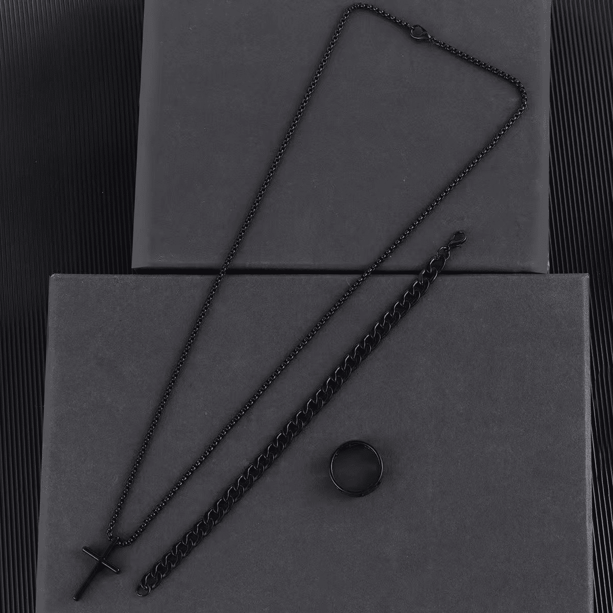 Men's 3-Piece Titanium Steel Cross Jewelry Set - Necklace, Ring, Bracelet