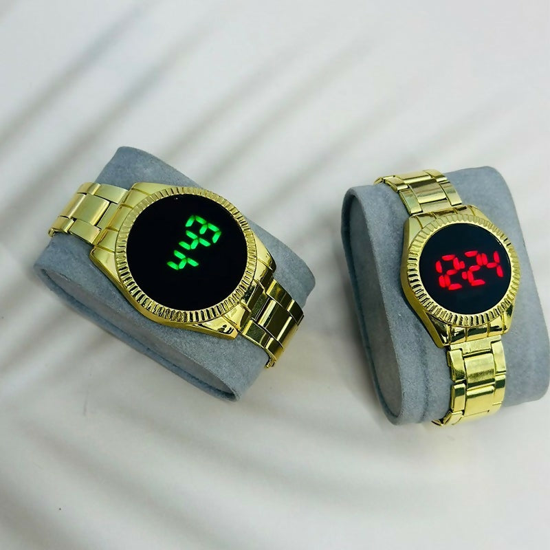 Digital Iced Dial Gold Watch + Stainless Steel Strap