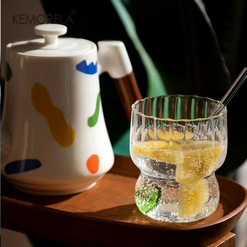 Glass Cup Cute Stripes Fat Cup Cream Cup Milk Coffee Breakfast Juice Mug High Temperature Resistant Glass Water Cup 300ml