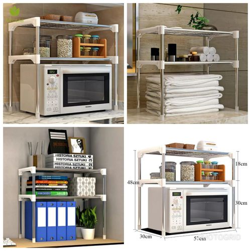 Adjustable Multifunctional Microwave Stand – Heavy-Duty 2-Tier Kitchen Storage Rack with Expandable Shelf & Hooks