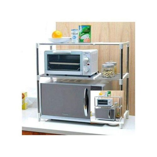 Adjustable Multifunctional Microwave Stand – Heavy-Duty 2-Tier Kitchen Storage Rack with Expandable Shelf & Hooks