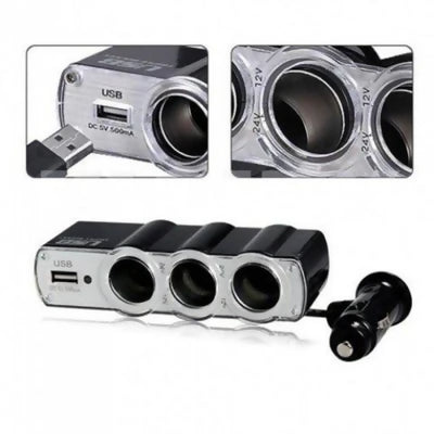 3in1 Triple Socket Car Cigarette Adapter Power Plug USB Port