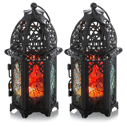 Vintage Moroccan Hollow Iron Lantern Tea Light Hanging Candle Holder Candlestick