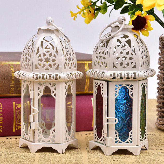 Vintage Moroccan Hollow Iron Lantern Tea Light Hanging Candle Holder Candlestick