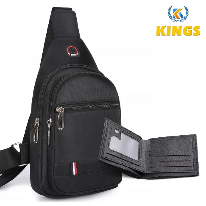 Men's Black Chest Sling Bag with Matching Wallet and Bracelet