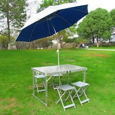 Portable Outdoor Aluminum folding table with 4 Chairs and an umbrella