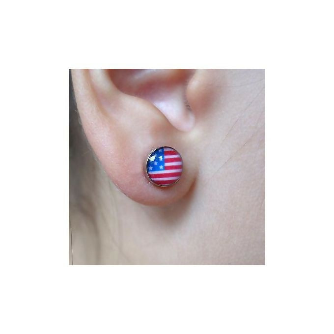 Fashion USA Flag Magnetic Clip On Black Stud Earring