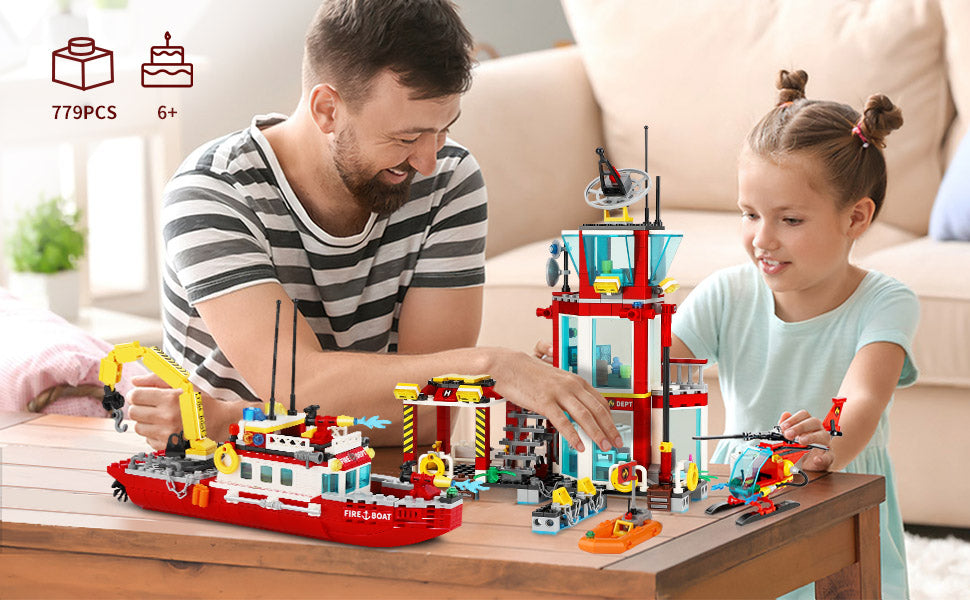 City Oceans Fire Station Building Kit fire Station Set with Fire Station/Fire Helicopter/Fire Ship/Rescue Boat, Gifts for Boys
