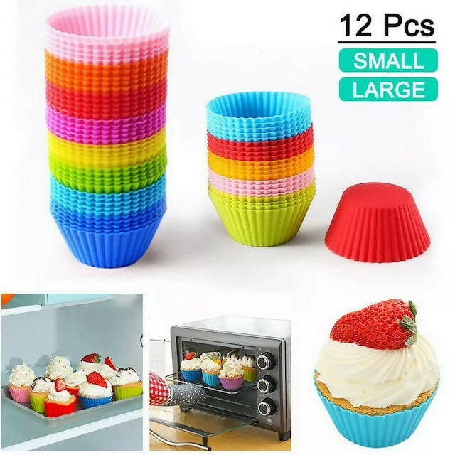 Cup Cake Mold Pack of 12 Mixed Colors Without Preference, Reusable Silicone Baking Cups, Cupcake Molds, Muffin Cases, Nonstick Baking Moulds for Cakes, Ice Creams