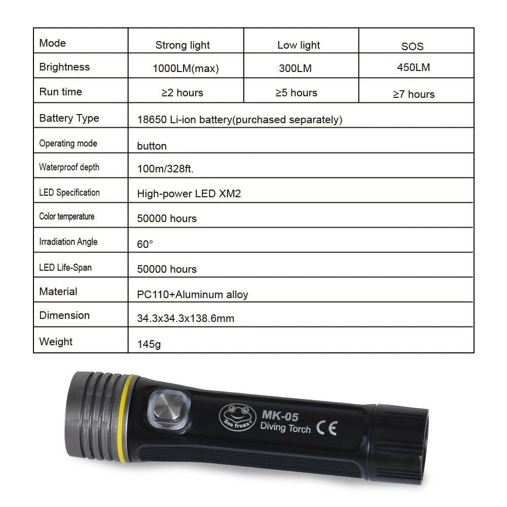 Seafrogs Small Flashlight Speedlight 100M Waterproof Diving Torch Photography Accessories MK03/05/07/12 SF-L03