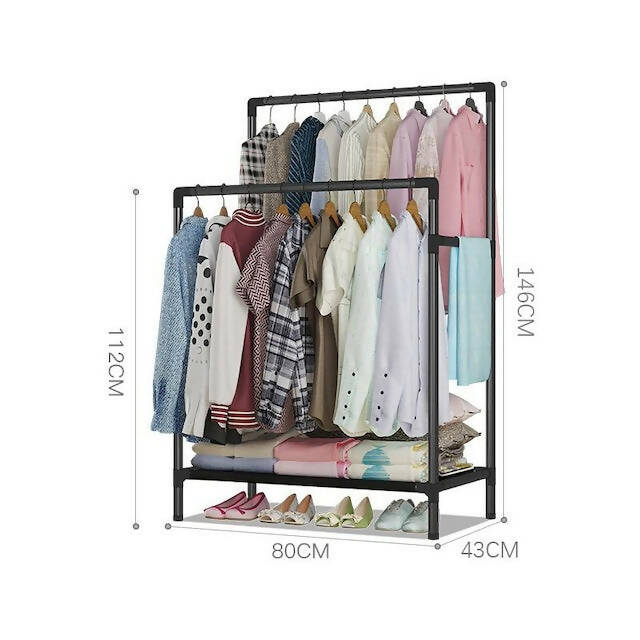 Double Pole Clothing Rack With Lower Storage Shelf for Boxes/Shoes, Clothing Hanging Garment Rack with Telescopic Design and Foldable Single Stand