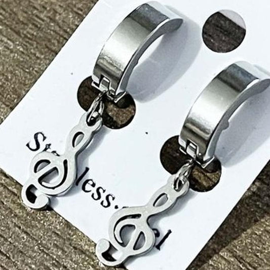 1 Pair Music Note Silver Artist Drop Earring Mascot Ornaments Punk Men Ear Studs - Earrings