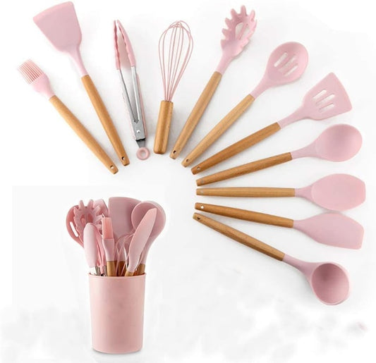 12pcs Silicone Spoons Set, Wooden Handle Silicone Cooking Spoon Set, High Temperature Resistant Silicone Spatula Kitchen Utensils