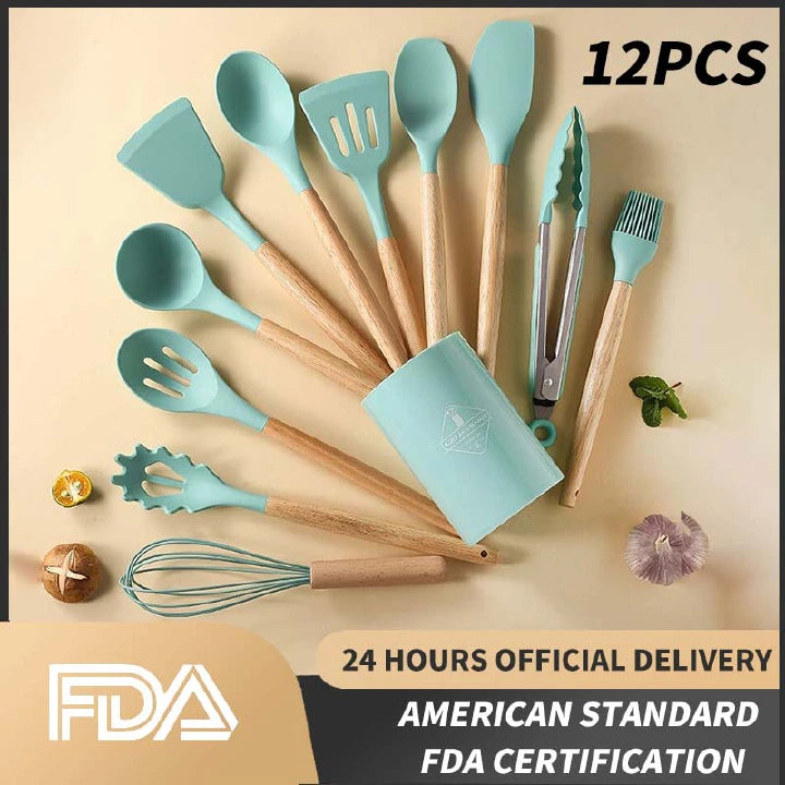Premium 12-Piece Silicone & Wood Handle Kitchen Utensil Set for Non-stick Cookware