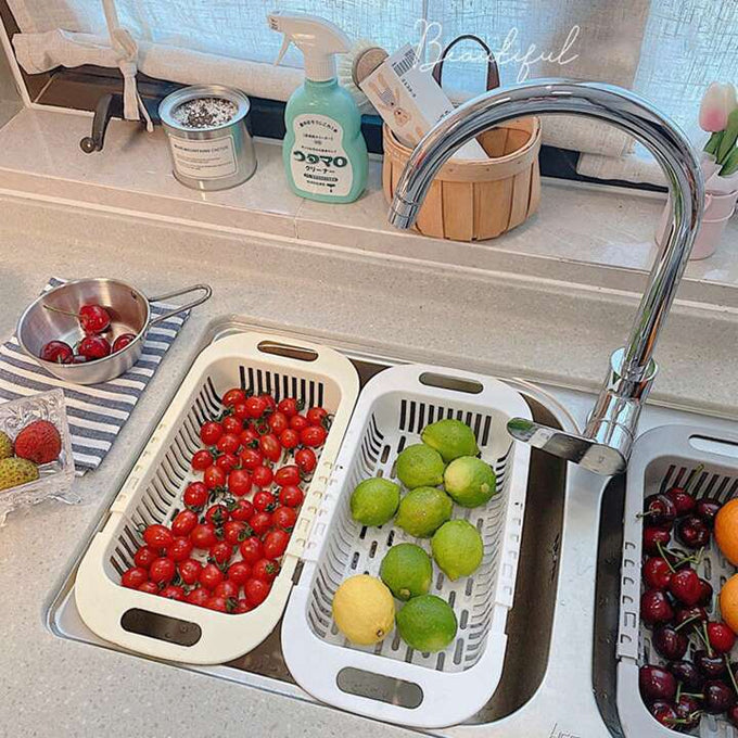 Extendable Over the Sink Colander Fruits and Vegetables Drain Basket Adjustable Strainer Sink Washing Basket for Kitchen