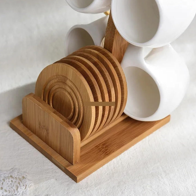 Fashion ceramic 6 cups, 200ml with wooden bamboo stand and 6 bamboo coasters