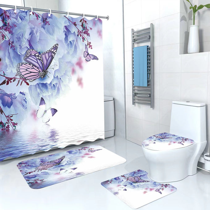 3D 4 in 1 bathroom woolen mats with a waterproof shower curtain