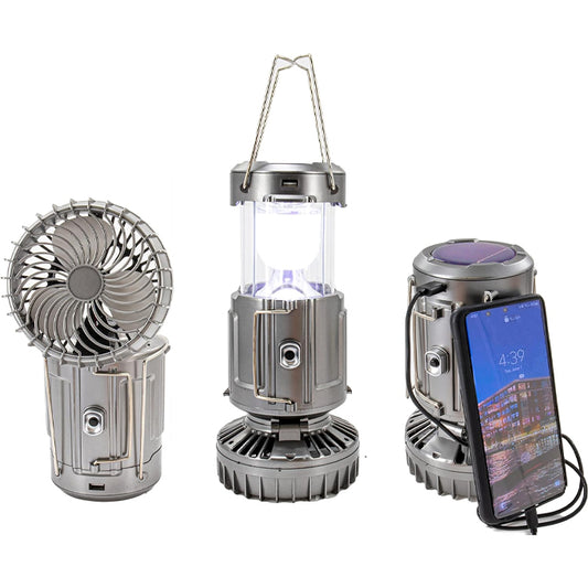 Large Solar Lantern Powered LED Light & Fan - 6 in 1 Portable Collapsible Rechargeable Camping Lamp With Fan