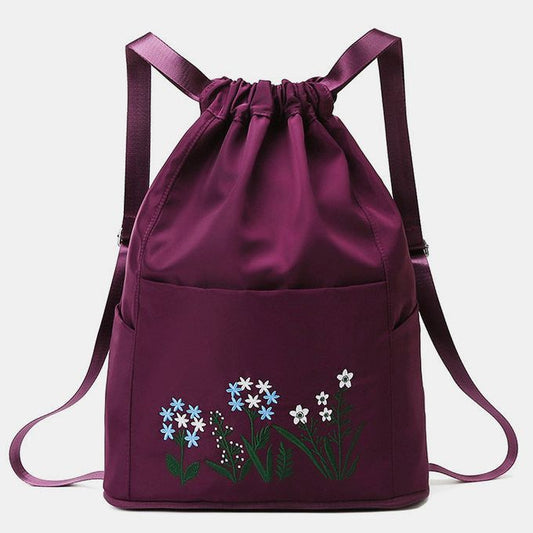 Travel Drawstring Bag Waterproof Flower Print Foldable Embroidery Design Drawstring Backpack for Outdoor