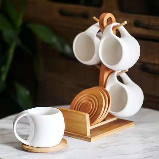 New White Ceramic Coffee Tea Cup Set of 6 with Mug Rack and Saucer for Home Office Coffee Cup Tea Set