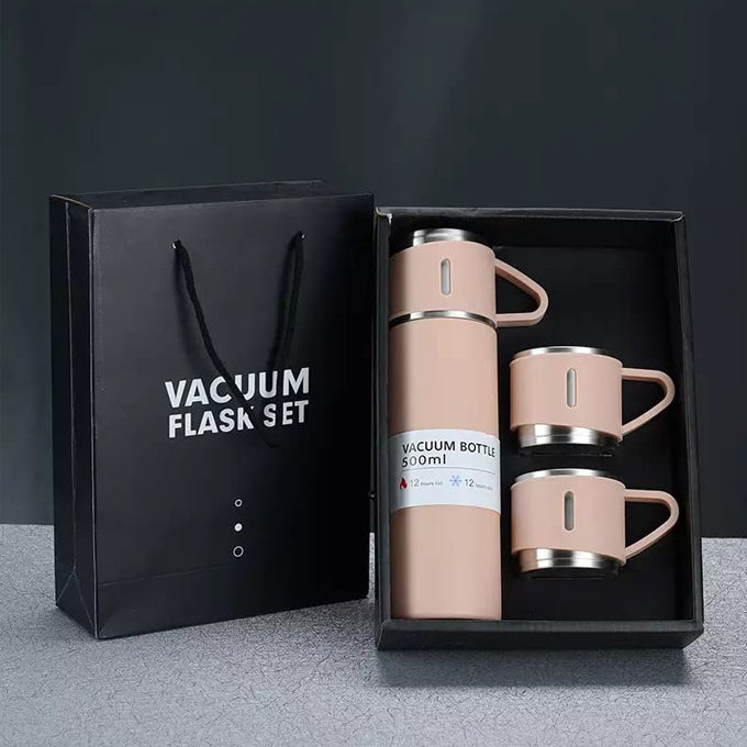 Premium steel gift pack stainless steel double wall thermal flask with silicone handle and insulated lid with 2 stainless steel hot and cold beverage cups