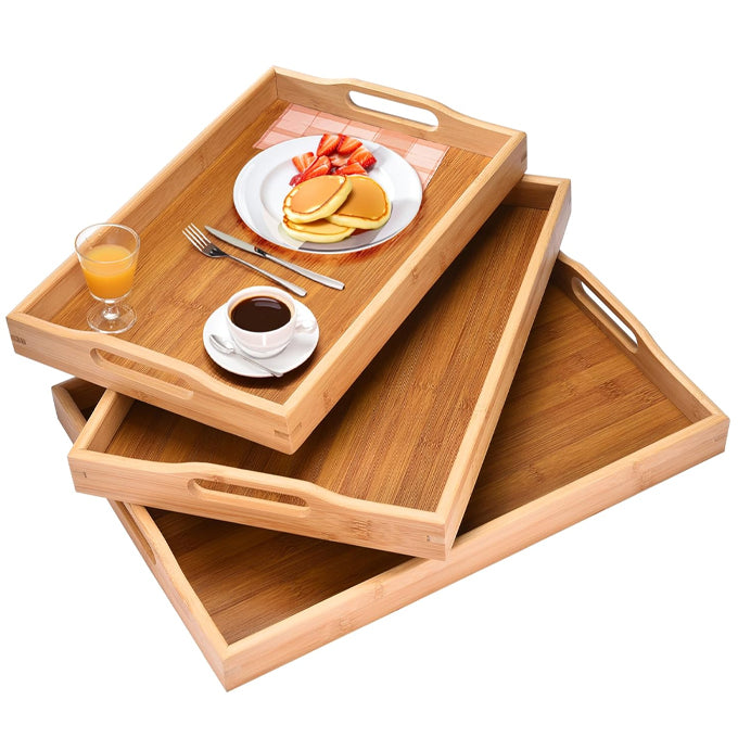 3-Piece Set Bamboo Serving Trays with Handles