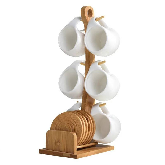 Ceramic Coffee Cup Mug Set,ceramic Coffee Cup Tea Set Dish Set 6 Piece Set With Shelf Bamboo Swirl Bottom