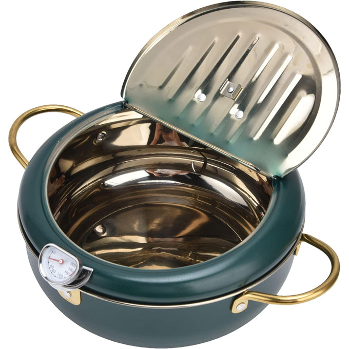 Stainless Steel Nordic green coloured 3.4L Frying pot with thermometer and oil drain grill